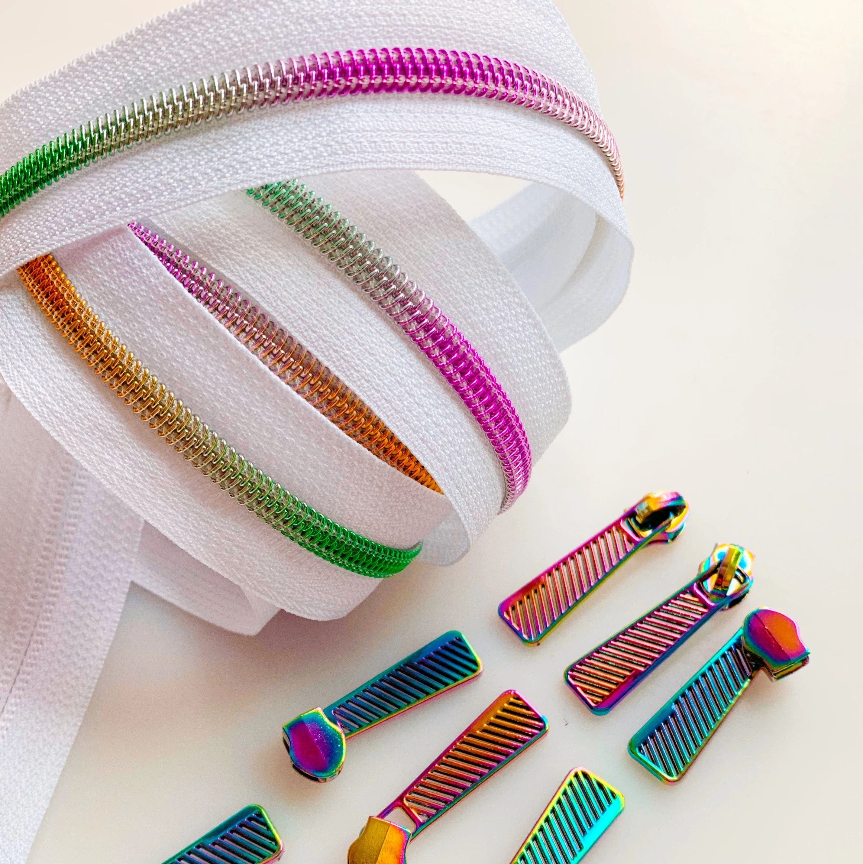 #5 White Zipper Pack with Rainbow Nylon Coil & Iridescent Pulls - 3 Yards Continuous Zipper Tape - Image 3