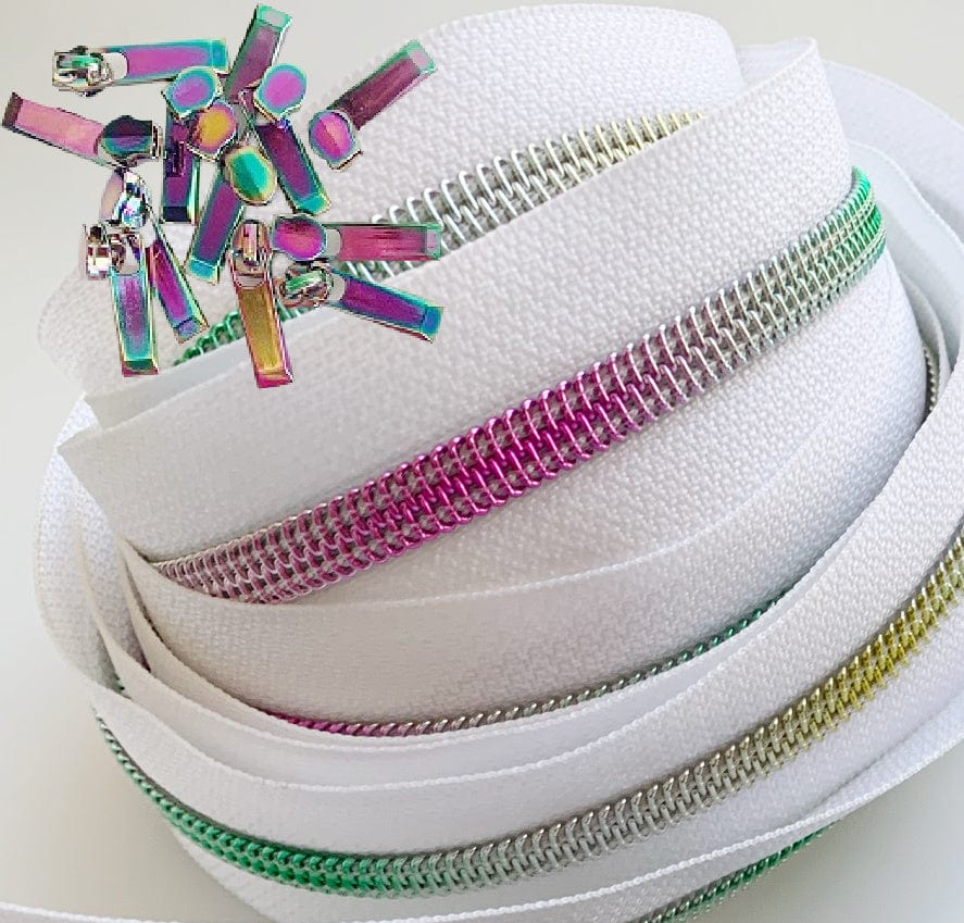#5 White Zipper Pack with Rainbow Nylon Coil & Iridescent Pulls - 3 Yards Continuous Zipper Tape - Image 4
